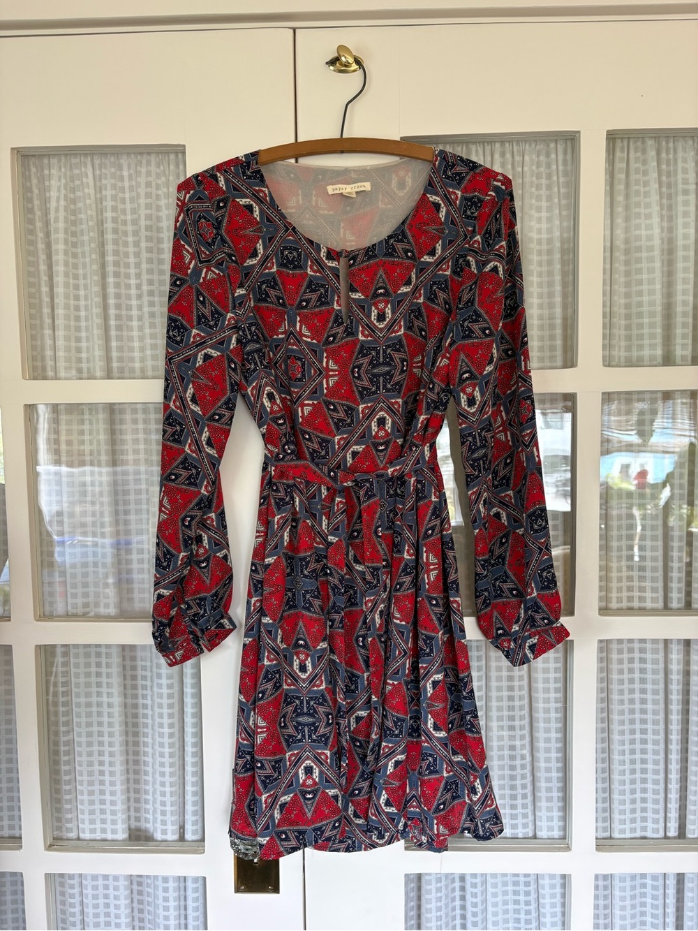 Paper Crown Red & Navy Geometric Tie-Waist Long Sleeve Dress